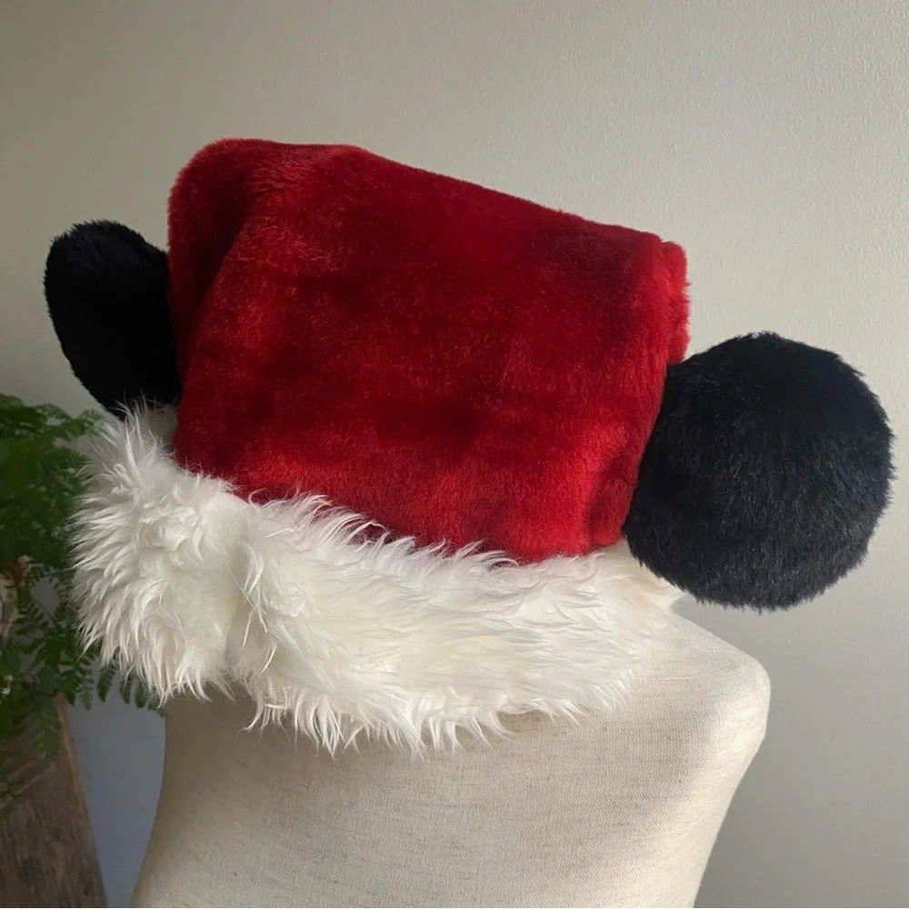 Vtg Disney Parks Mickey Mouse Ears Santa Hat Plush‎ Adult Sz Red White Exclusive